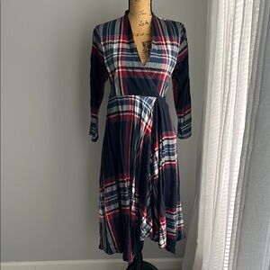 Anthropology Blue and Red Asymmetrical Wrap Dress with Long Sleeves